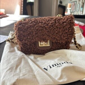 Brown Faux-Shearling Shoulder Bag with Gold Chain
